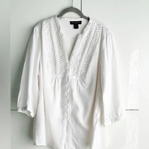 White Linen Blouse Pin Tuck Button Front 3/4 Sleeve Size 1X Marisa Christina